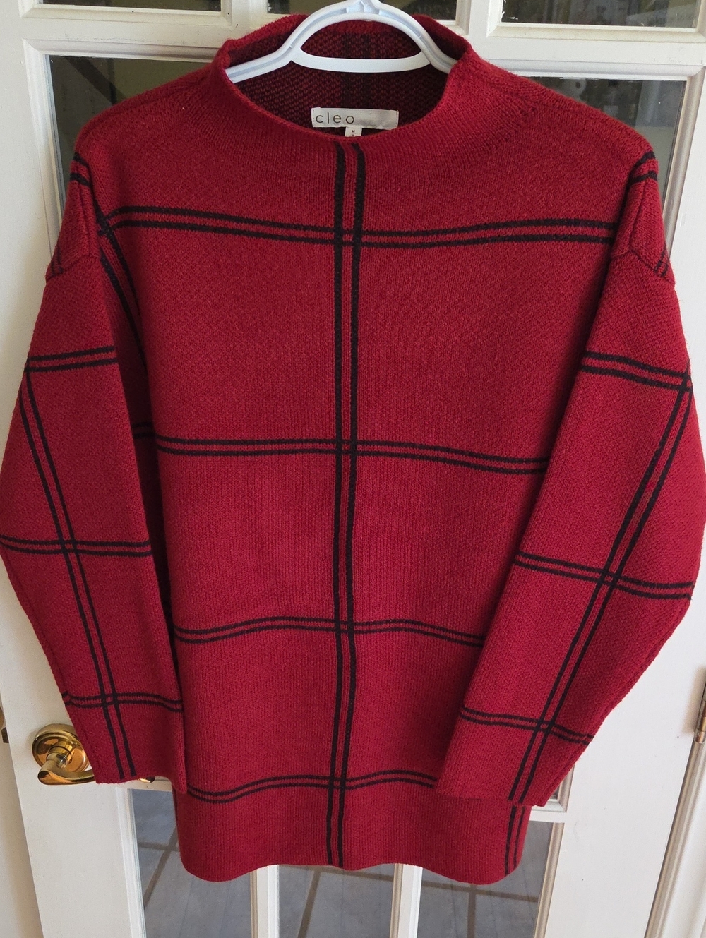 cleo Red Crewneck Sweater with Black Windowpane Pattern